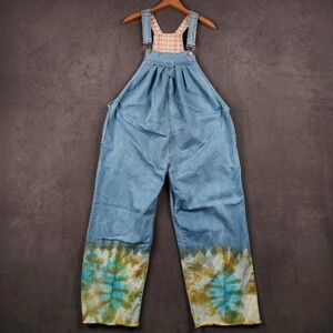 AVATAR CLOTHING Denim Tie Dye Overalls Womesn Wide Leg Blue Green Boho Festival